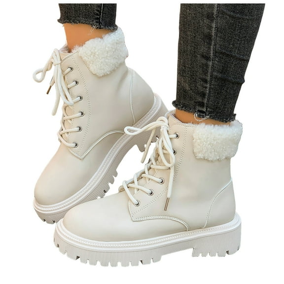 Platform Snow Boots for Women Winter Warm Fleece Lined Fashion Leather Chunky Mid Calf Combat Ankle Booties