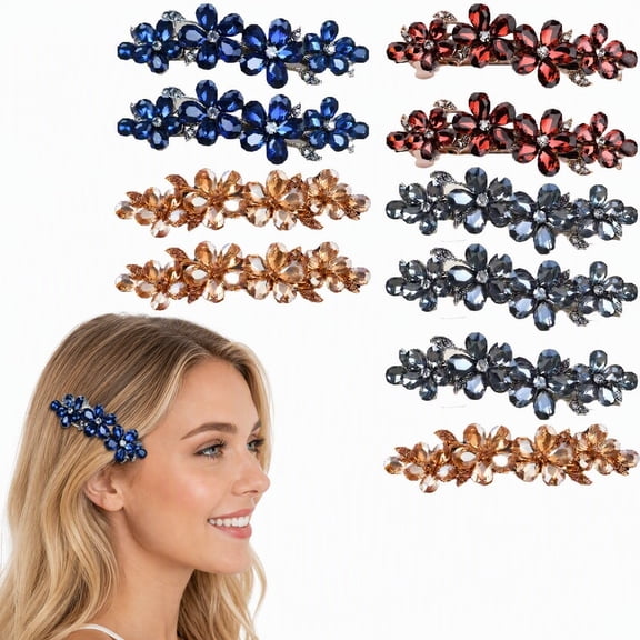 10-Pack Rhinestone Flower Hair Clips, 3.2" Alloy Barrettes for Women Girls, Sparkly Wedding Daily Hair Pins