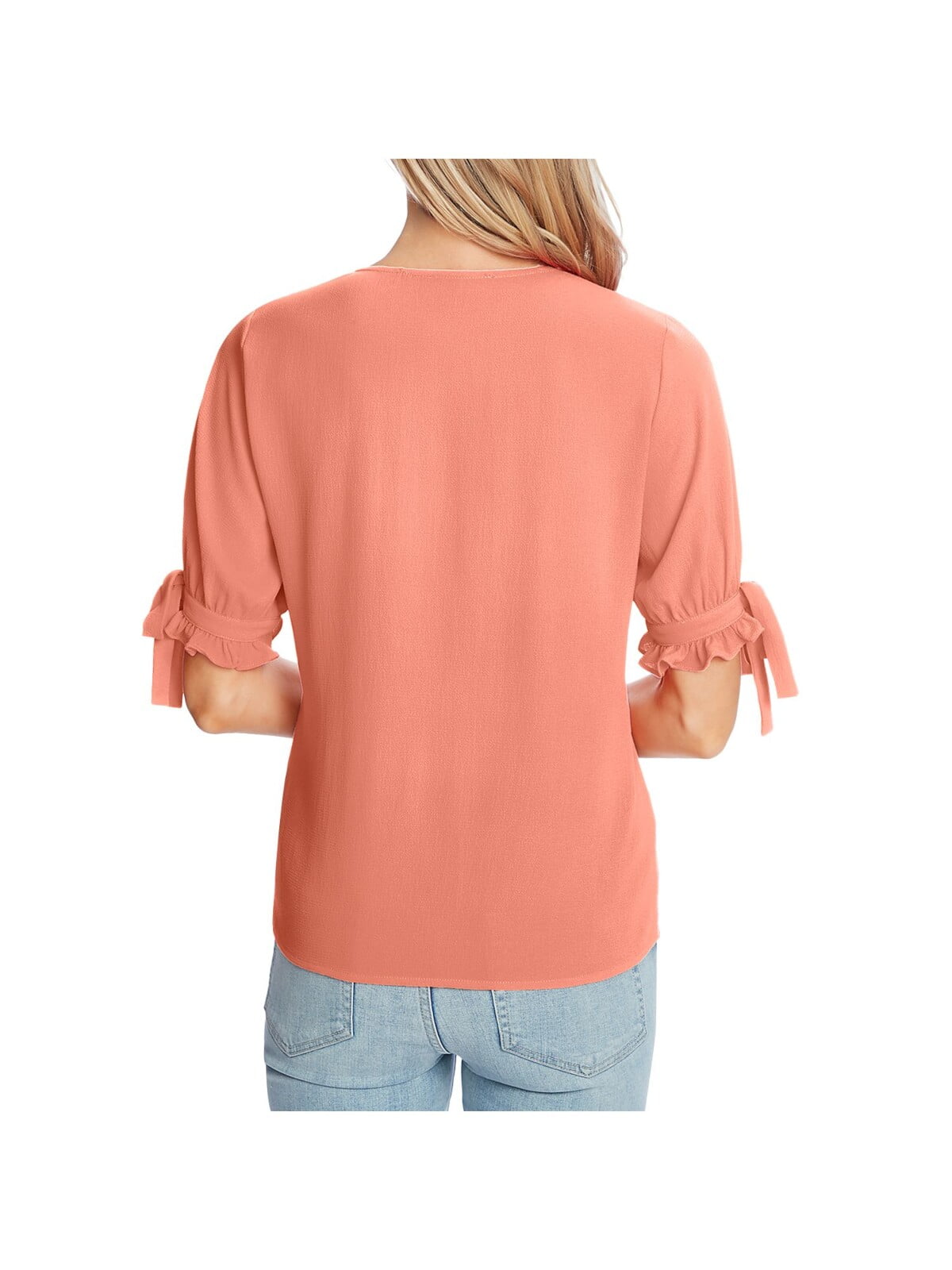 CECE Womens Coral Stretch Ruffled Tie-cuff Button-front Elbow Sleeve V Neck  Blouse M