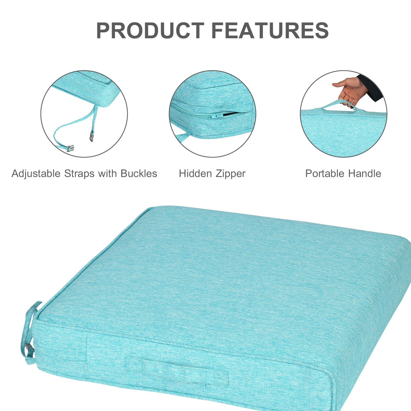 Aoodor Patio Chair Cushions Set of 2, 25 x 25 x 4 Inch Water Resistant Outdoor Seat Cushions with Handle and Ties, Square Corner Cushions for Patio Furniture Garden Lawn, Aruba Blue