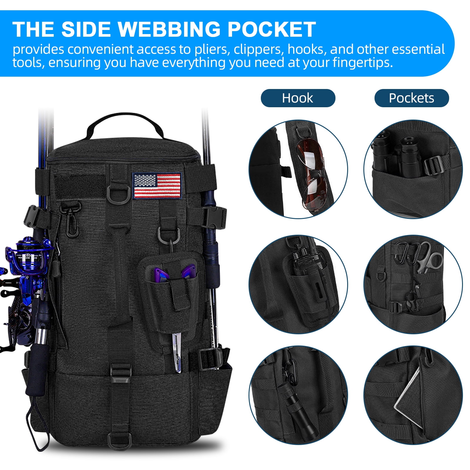 FANOTEK Fishing Backpack with Rod Holder, 600D Waterproof Outdoor Tackle Bag, Fishing Gear Tackle Box Storage Bag Black