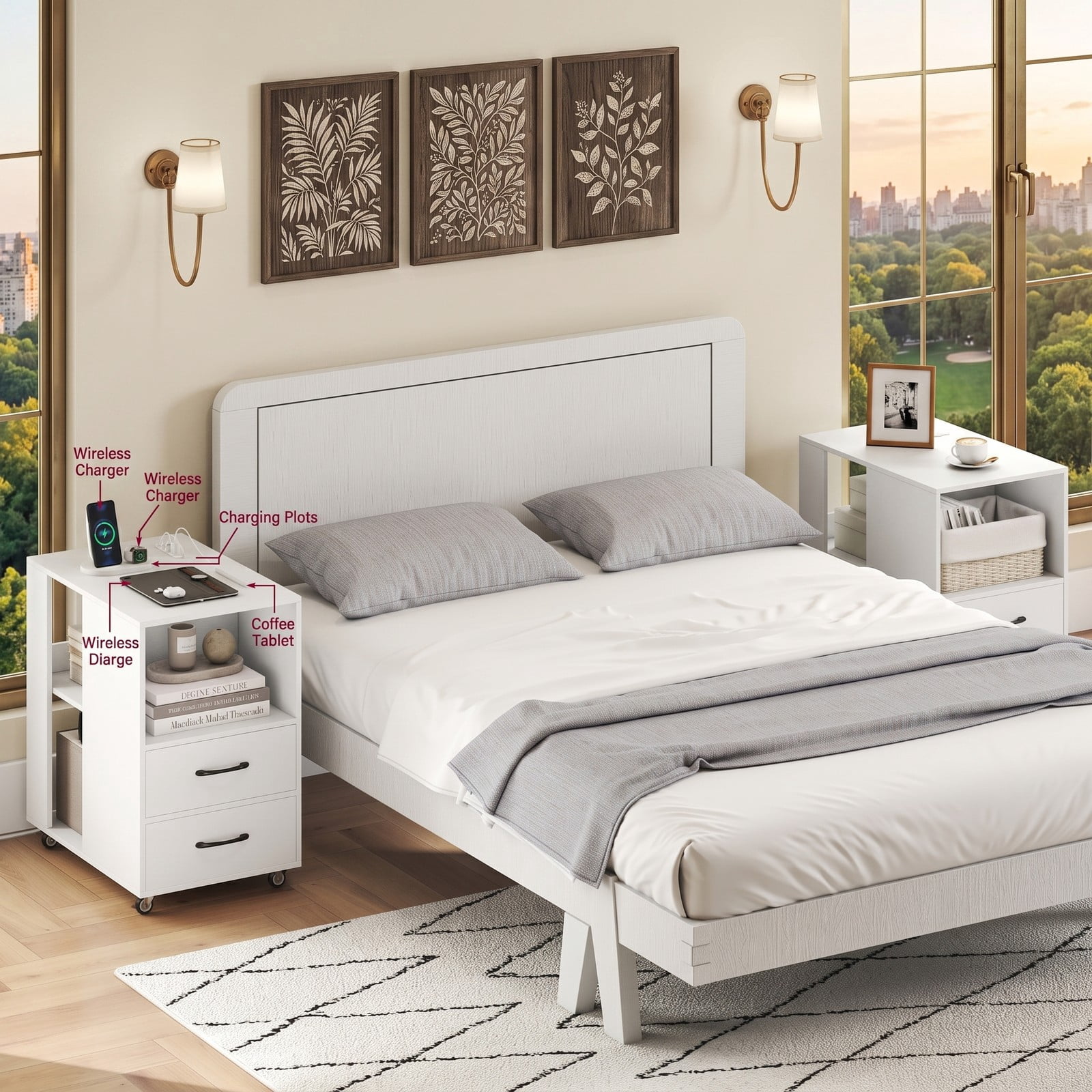 Furnibear End Table with Built-in Charging Station, Sofa Side Bedside Table on Wheels with 2 Drawers and 3 Open Shelves, USB and Type-C Ports, Rolling, White