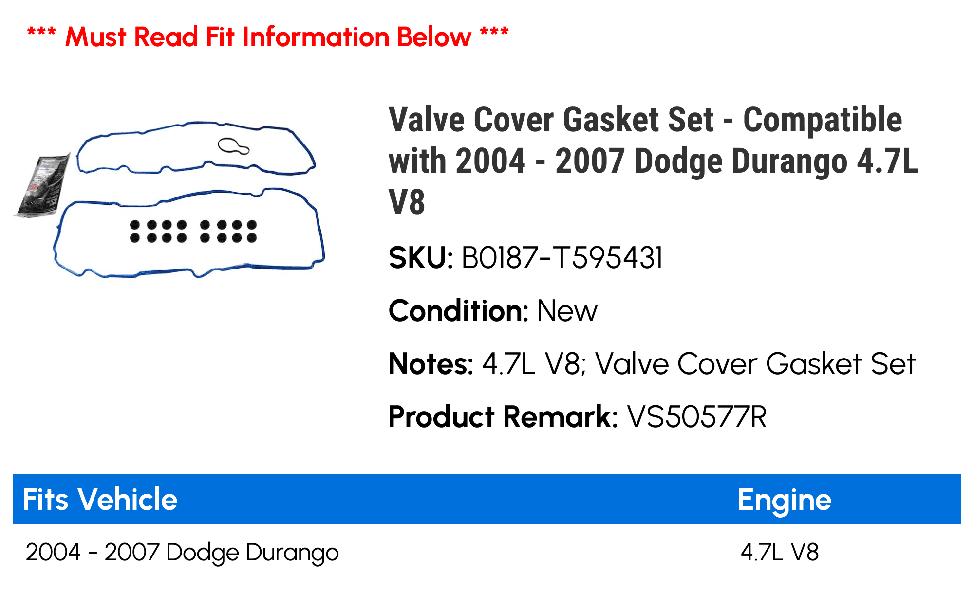 Valve Cover Gasket Set - Compatible with 2004 - 2007 Dodge Durango 4.7L V8 2005 2006