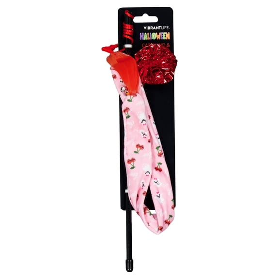 Vibrant Life Halloween Teaser Wand and Crinkle Ball Cat Toy Set, Skull Cherries and Ghosts, Pink