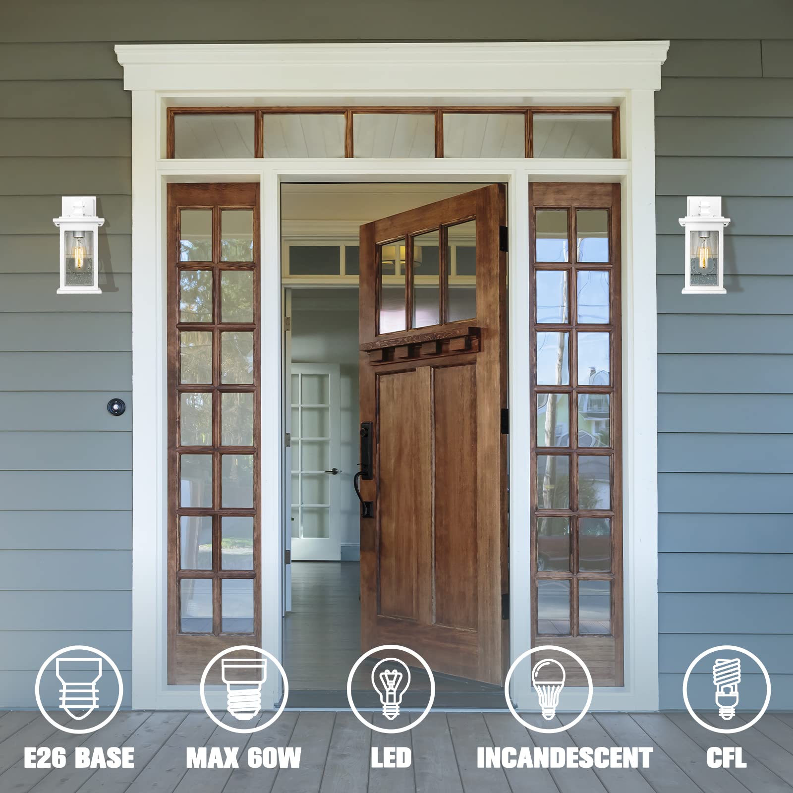 Emliviar Modern Outdoor Porch Light, 12.3" Outdoor Wall Light with Seeded Glass, White Finish, 1803EW1 WH
