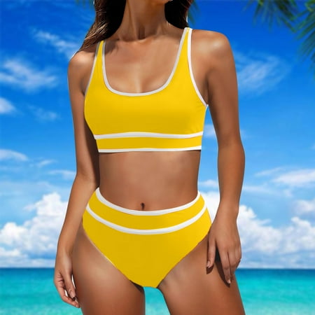 Summer Saving!YANHAIGONG Women High Waisted Bikini Set Color Block Swimsuit 2 Piece High Cut Bathing Suit Tummy Control Teens Cheeky Hawaiian Tropical Beachwear