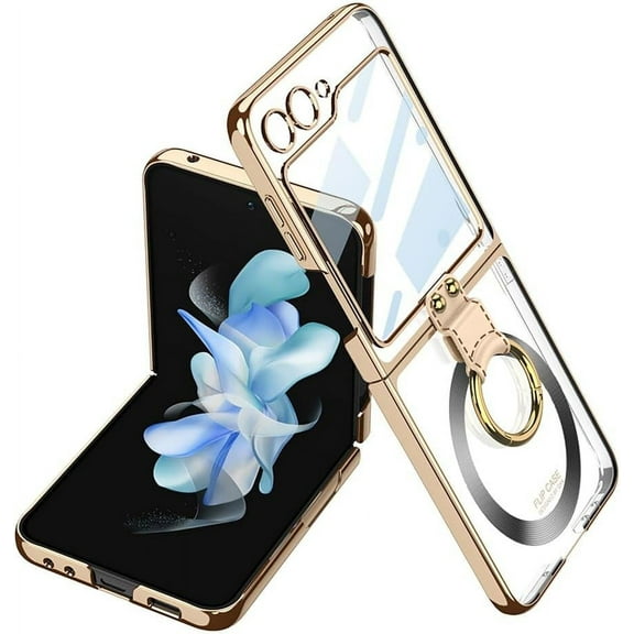 Magnetic Built-in Screen Protector Case for Samsung Galaxy Z Flip 5 5G Compatible with Magsafe,Ring Kickstand,Plating Transparent Shockproof Cover (Gold,for Galaxy Z Flip5)