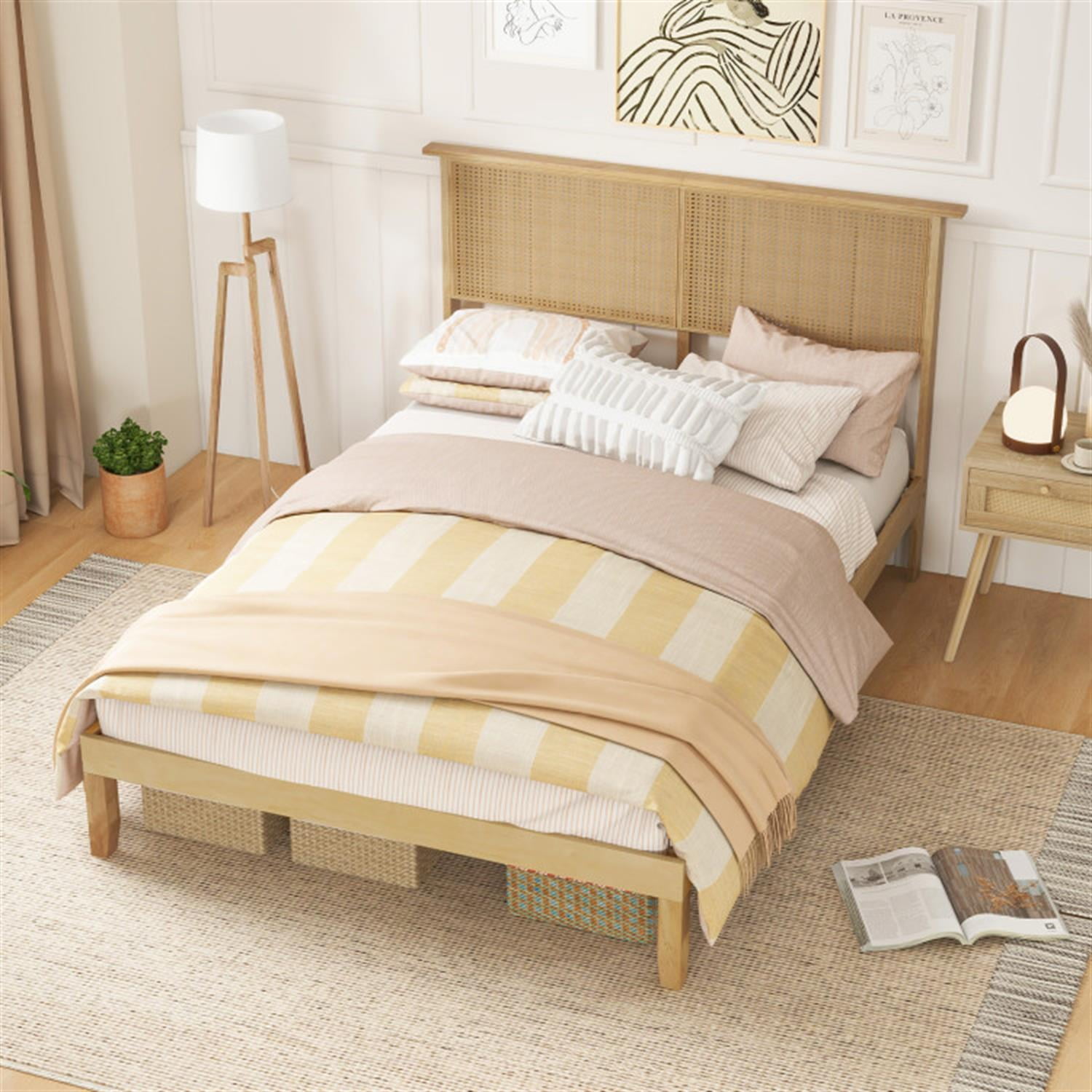 Demi Bonn Full Size Bed Frame with Rattan Headboard, Platform Bed Frame with 12 Strong Wood Slat Support, No Box Spring Needed, Beige
