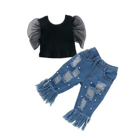

Infant Baby Girls Clothes Sets 0-5Y Puff Sleeve Solid T Shirt Top Pearl Blue Denim Pants