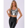 thumbnail image 3 of DARING DIVA Women's U Neck Sleeveless Shiny Metallic Crop Top M Black Silver, 3 of 6