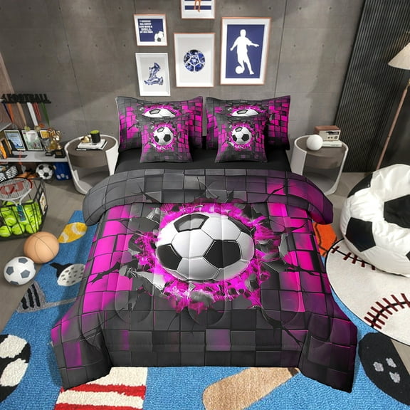 Erosebridal Soccer Bedding Sets Twin Size,Sport Theme Comforter Sets with Sheets,Black Reversible,7pcs