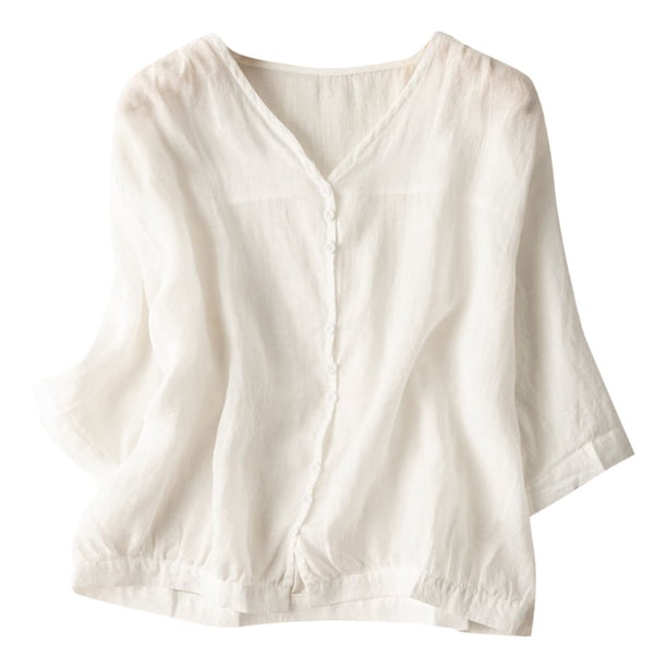 Túnica holgada informal de lino para mujer en tallas grandes: blusa boho con mangas 3/4, dobladillo asimétrico y tejido transpirable, ideal para combinar con otras prendas o para llevar de forma in