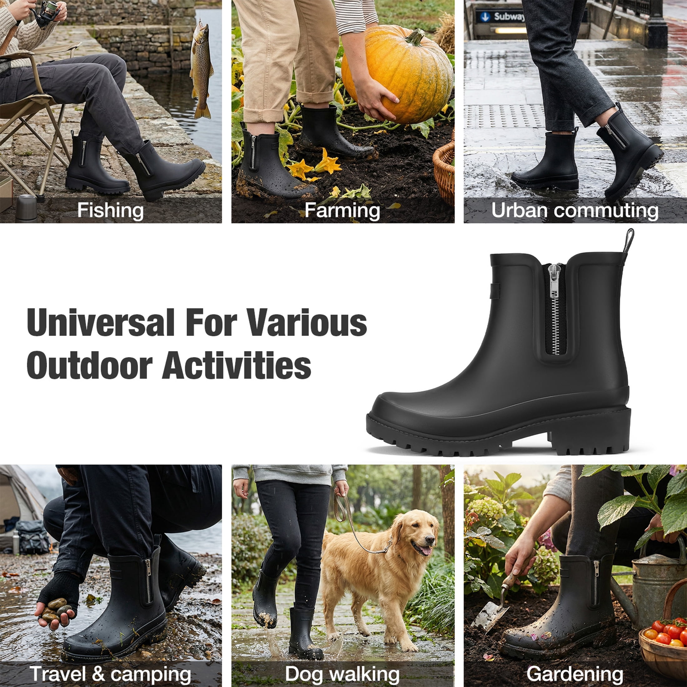 SMILIN Women’s Waterproof Chelsea Ankle Rain Boots with Side Zipper,Black, US Size 10