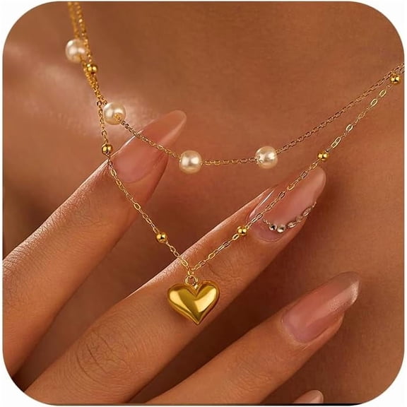 14K Gold Plated Layered Heart Pearl Necklace for Women Simple Pearl Love Pendant Choker Chain to Daughter Mother Hypoallergenic Trendy Jewelry Christmas Wedding Gift