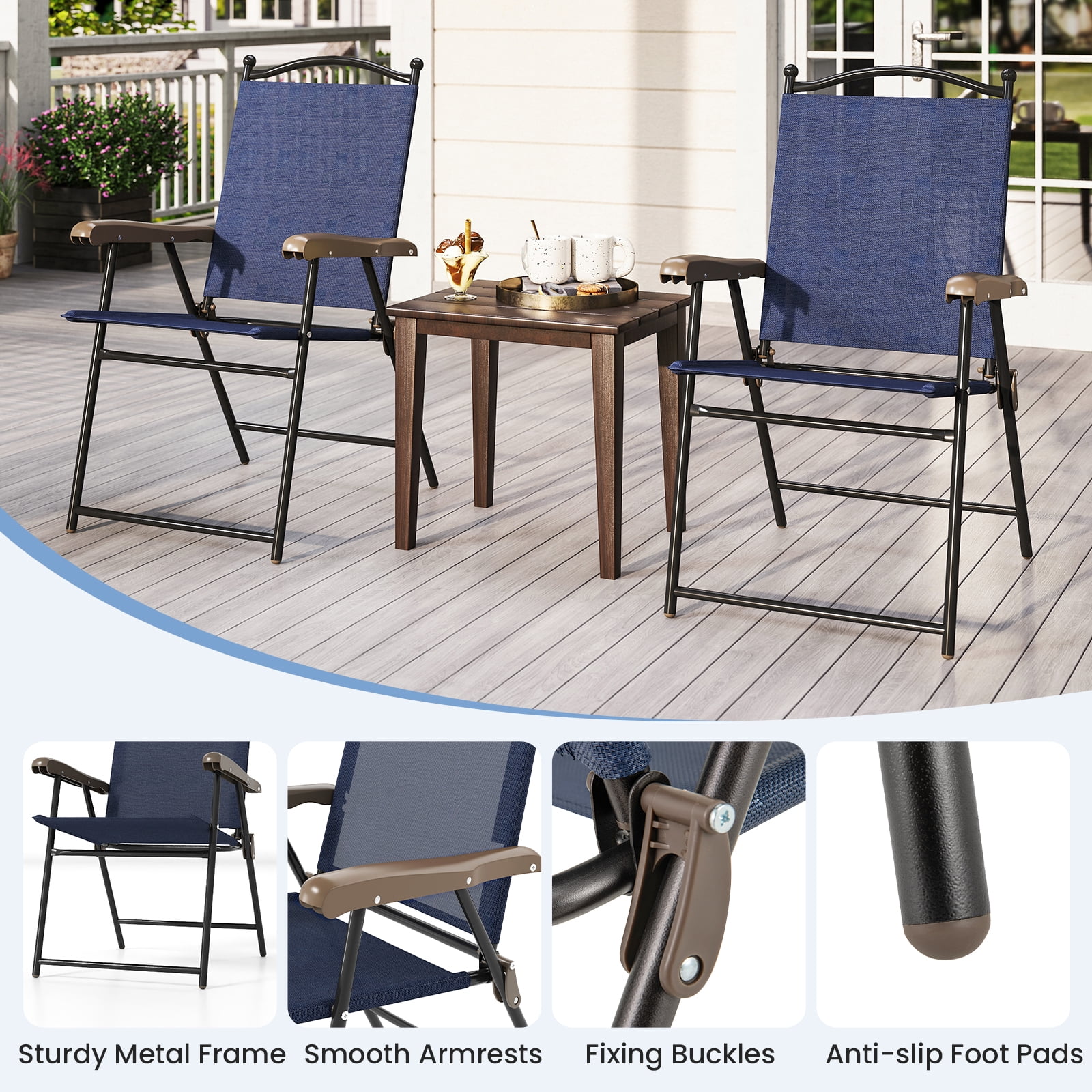 Gymax Patio Folding Chairs Set of 2 Outdoor Dining Chairs w/ Ergonomic Backrests & Armrests