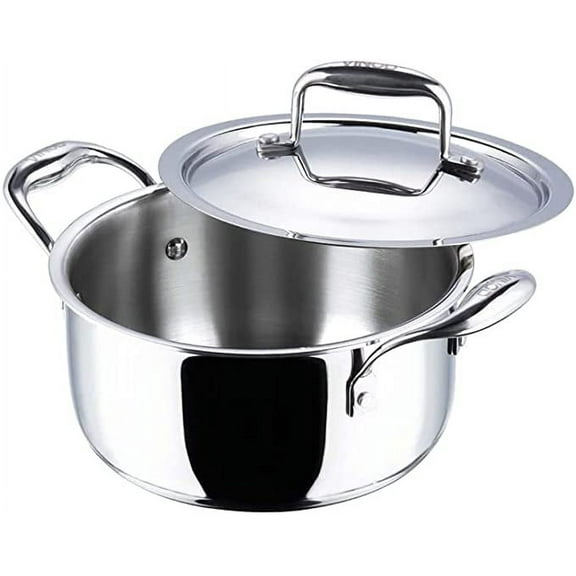 Vinod 3-Ply Stainless Steel Stock Pot with Lid, Induction Safe Stock Pot, Family Size Cooking Pot, Mirror Finish, Cooking Pot Set - 18cm| 2 Liter