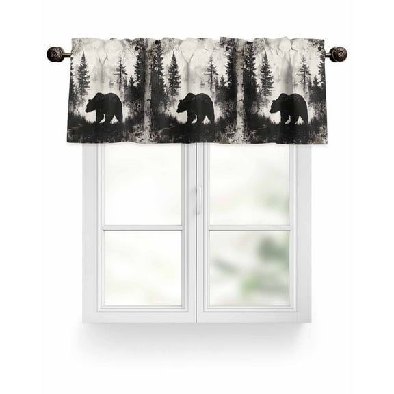 Brown Bear Valances for Windows Black Bear Forest Animal Modern Art Retro Valance Rod Pocket Light Filtering Short Window Treatments Curtains for Kitchen Bathroom Living Room Bedroom, 42 x 12 Inch