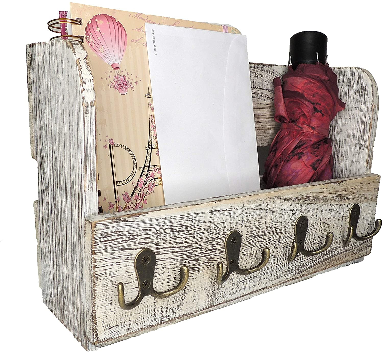 Rustic Create Wall Mounted Mail Sorter with 4 Key Ring Hooks/Key and Mail Holder for Wall/Wood.