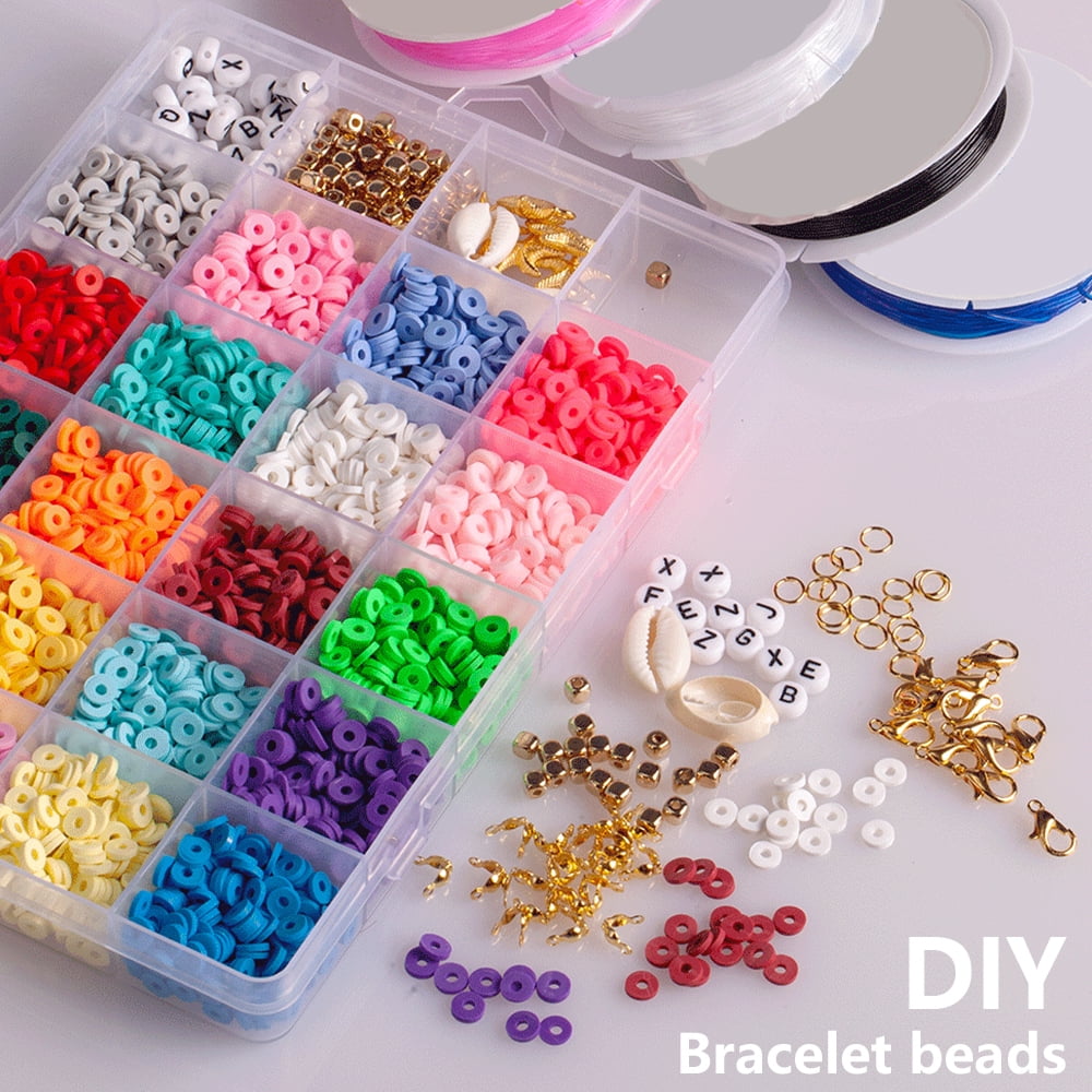 6800Pcs 24 Colors Flat Round Polymer Clay Beads Kit With 900Pcs Letters  Beads And 2 Cases Elastic String, Charms For DIY Bracelet Necklace Jewelry  Mak