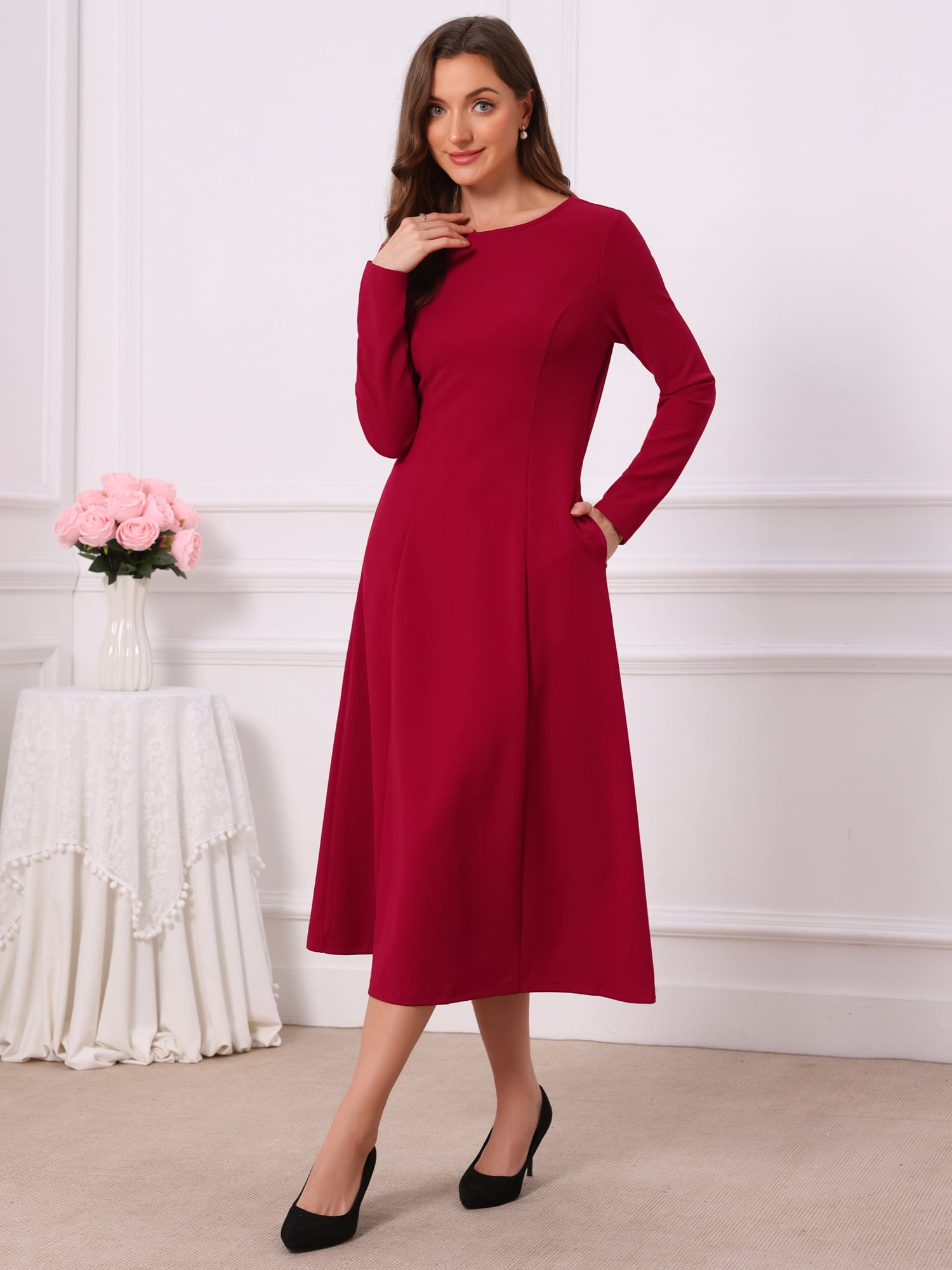 DARING DIVA Women's Long Sleeve Formal Crewneck A-Line Maxi Dress 2XL Burgundy