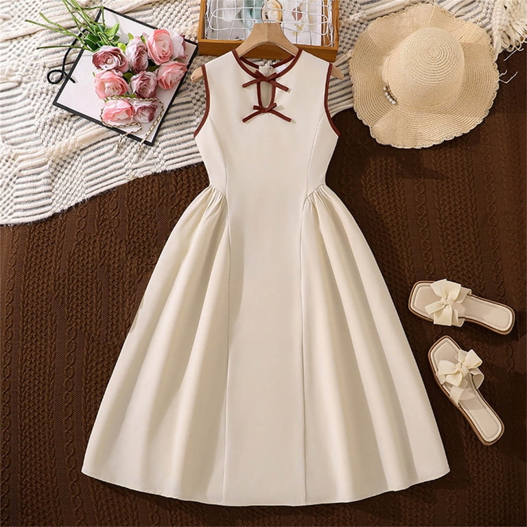 slimming a line dress XUNKUSGA Summer Dress 8-13Y Solid Color Sleeveless Crewneck Pleated A-Line  Dress for Girls High Waist Slimming Girls Dresses Flowy Casual Long