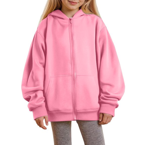 Domzest Girls Zip Up Hoodies Long Sleeve Oversized Sweatshirt Back to School Solid Loose Fit Hoodie with Pockets Pink 110 Age:3-4Y