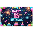 thumbnail image 2 of Neon Design Happy Birthday Banner Colorful Party Background Decorative Fireworks Birthday Decor for Sweet 16 Celebration Indoor Party Event, 2 of 8