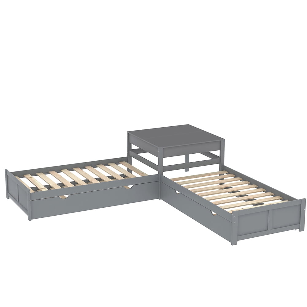 Kadyn L-shaped Platform Bed with Two Trundles and Built-in Square Table,Gray Kadyn L-shaped Platform Bed with Two Trundles and Built-in Square Table,Gray