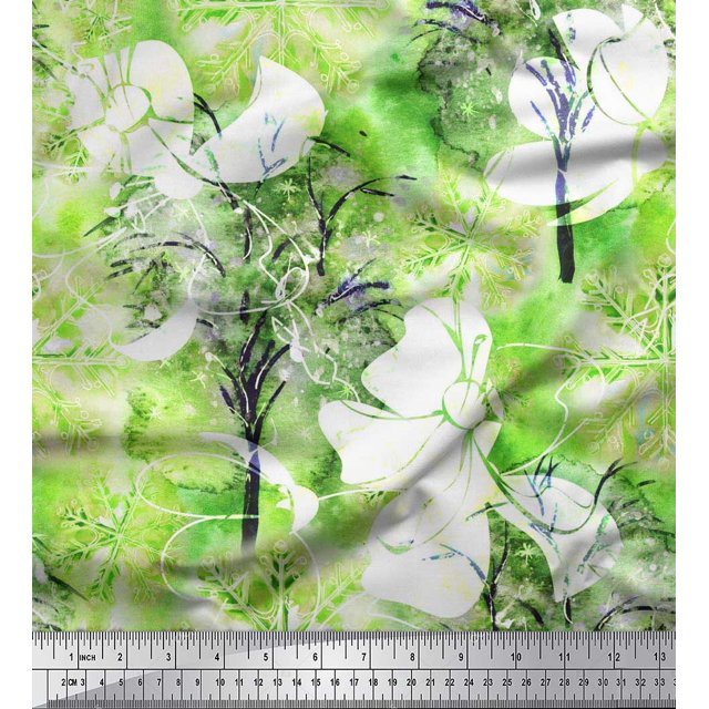 Soimoi Crepe Silk Fabric Snowflake & Tree Watercolor Decor Fabric Printed Yard 42 Inch Wide