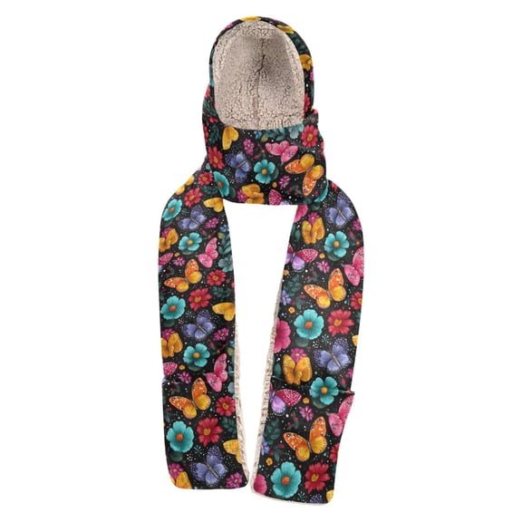 BZSMCE 3‑in‑1 Hooded Scarf with Pockets Soft Plush Lined Winter Hat Scarf Gloves Combo Butterfly Flowers Print Warm Neck Wrap for Outdoor Skiing Walking