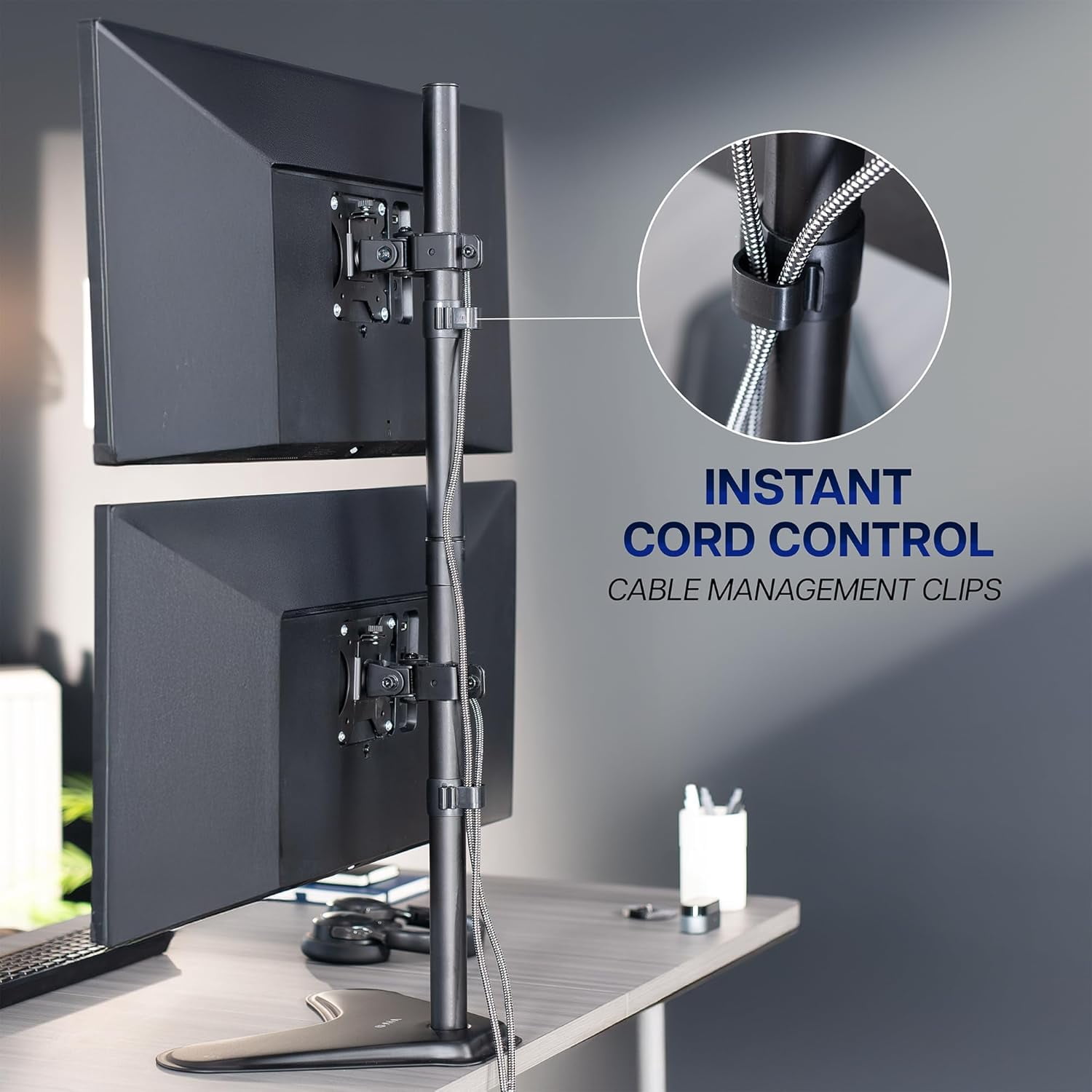 Dual Monitor Desk Stand -Standing LCD Mount for 2 Ultrawide Screens  to 34 inches, Black, STAND-V002L
