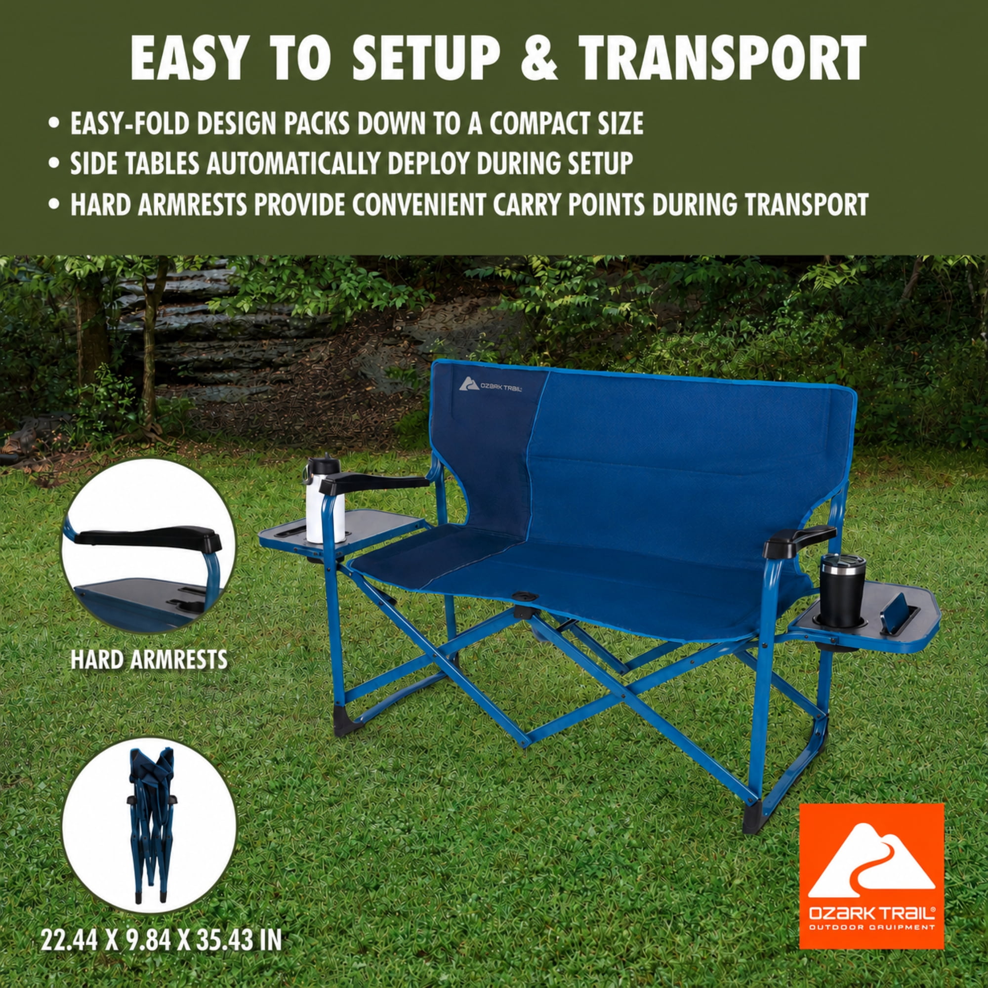 取付無料！USAアメリカ製 ネイビードット柄キャスター付きロビーチェア✨ Free Shipping! Ozark Trail Outdoor Loveseat with Built-In Side