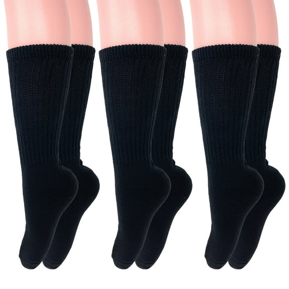 Long Cotton Cushion Crew Socks 3 Pairs Black Casual Socks Size 9-11