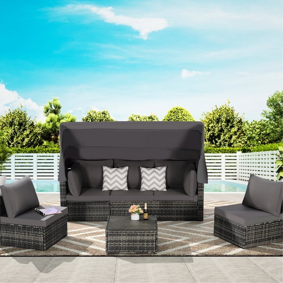 5 Pieces Patio Daybed With Canopy And Side Table - , , Protected Outdoor Furniture Retractable Cover, Table, Soft Cushions For 6