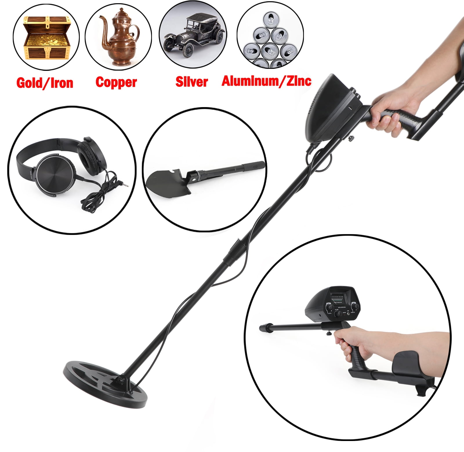 7.8"" Big Search Coil Underground Metal Detector + Foldable Shovel + Headphone Kits