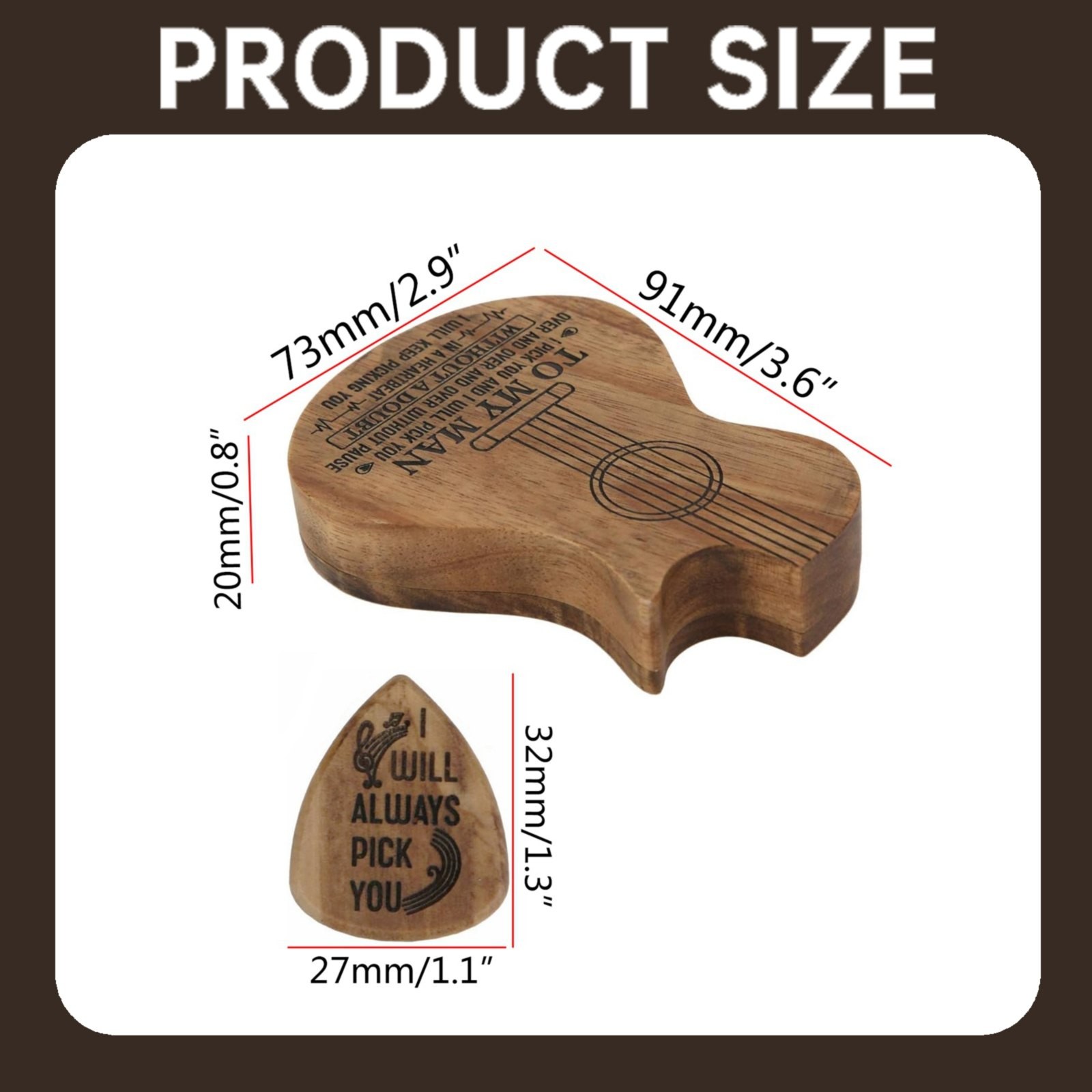 XKHZJL Wood Guitar Pick Box - Valentine's Day Gift for Him, Shaped Plectrum Container with 3 Pcs Guitar Picks for Guitar Picks Storage
