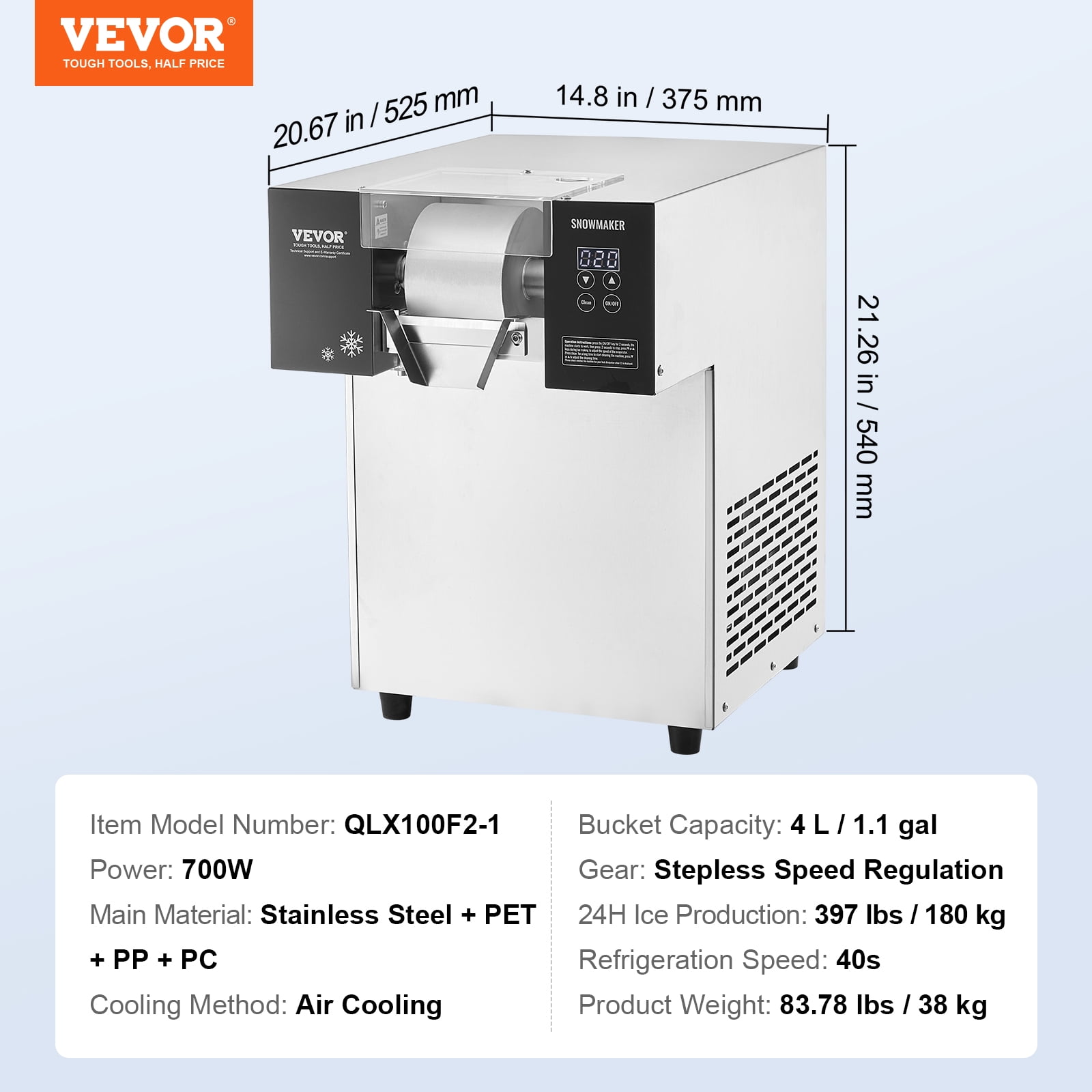 VEVOR Commercial Snowflake Ice Machine, 397LBS/24H Snowflake Ice Maker, Stainless Steel Ice Shaver Machine, Electric Snow Cone Maker, Air Cooling System for Rapid Heat Dissipation, for Bakery, Cafe