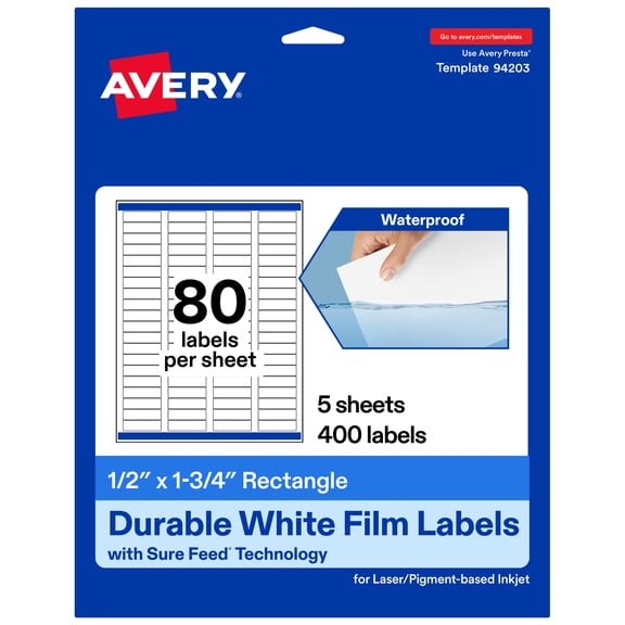 Avery Durable White Rectangle Labels, 0.5" x 1.75", 400 Total