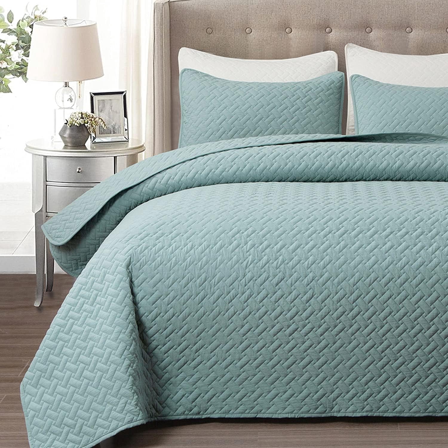 EMME Twin Quilt Set Lightweight Bedspread Soft Microfiber Reversible Twin Size Comforter Set Lake Blue Coverlet 2 Piece Bedding Set Basket Weave Pattern for All Season