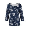 thumbnail image 5 of Tops for Women Plus Size Printed V-Neck 3/4 Sleeve Button Skew Collar Blouses Casual T-shirt Navy XXL, 5 of 5