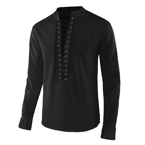 APEXFWDT Halloween Men's Medieval Renaissance Viking Pirate Shirt Long Sleeve V Neck Lace Up Retro T-Shirt Vintage Stand Collar Casual Shirt