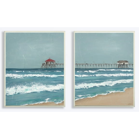 The Stupell Home Decor Collection Fishing Pier Beach Diptych Painting 2pc Wall Plaque Art Set, 10 x 0.5 x 15