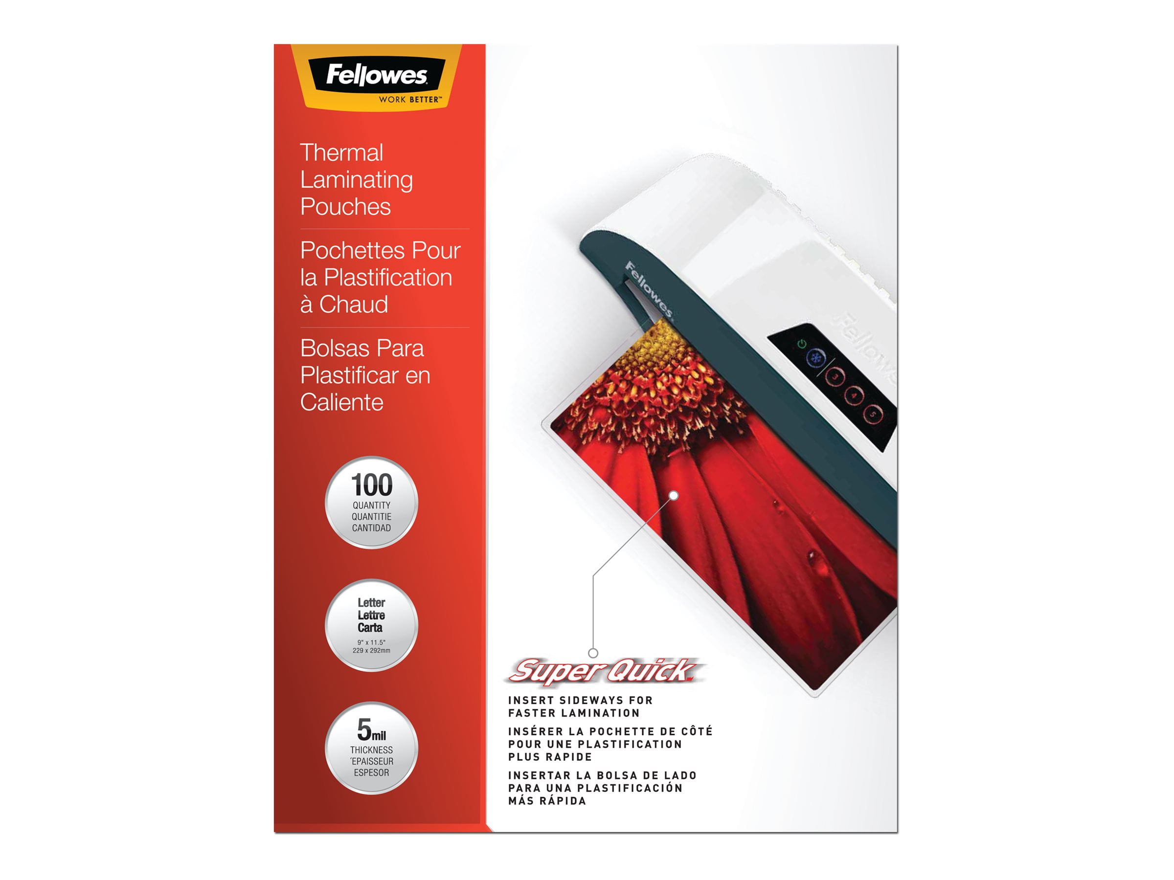 Pochettes de plastification Fellowes® Super Quick, format lettre, 5 mil, paquet de 100