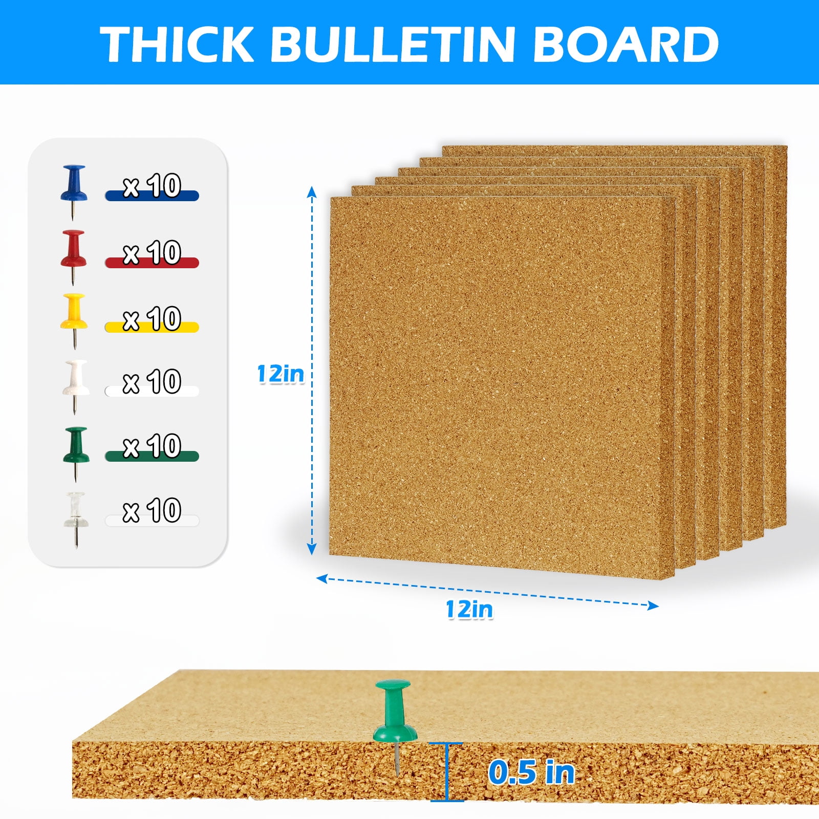 Adhesive Cork Board Tiles 6 Packs Cork Bulletin Board 12" x 12", Thick Frameless Corkboards for Walls with Pushpins for Home Office Kitchen School Decor Display, Brown
