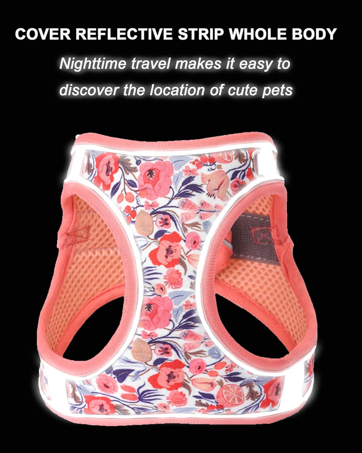 XS Peach Flower Pattern Dog Harness and Leash Set,No Escape Puppy Harnesses for Training Walking，Breathable Adjustable Puppy Vest for Small Medium Dogs, Cats (Peach, XS)