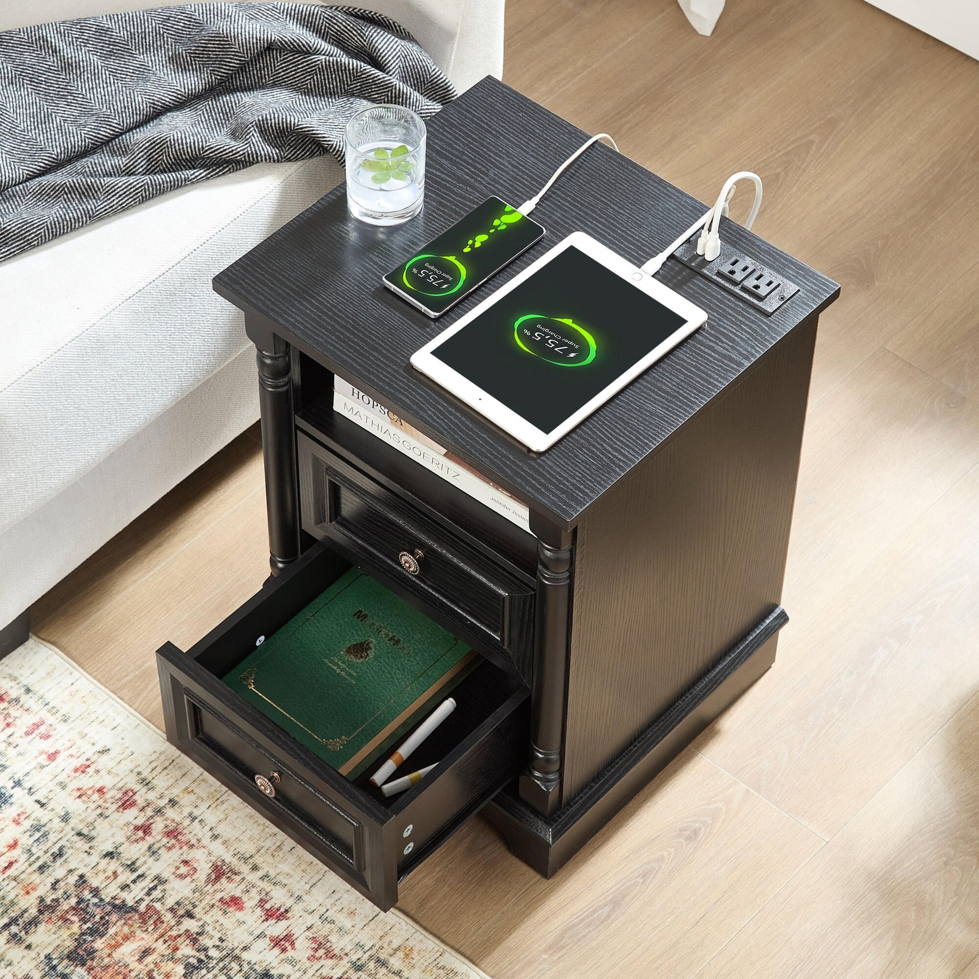 AENKYO Farmhouse 2-Drawer Nightstand with Charging Station, Rustic Wooden End Table for Bedroom & Living Room, Black