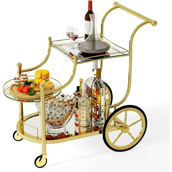 CZMJY Bar Cart, 3-Tier Rolling Home Bar Serving Cart with Mirrored Shelves & 4 Wheels, Mobile Beverage & Wine Cart for Kitchen, Dining Room, Living Room (Gold)