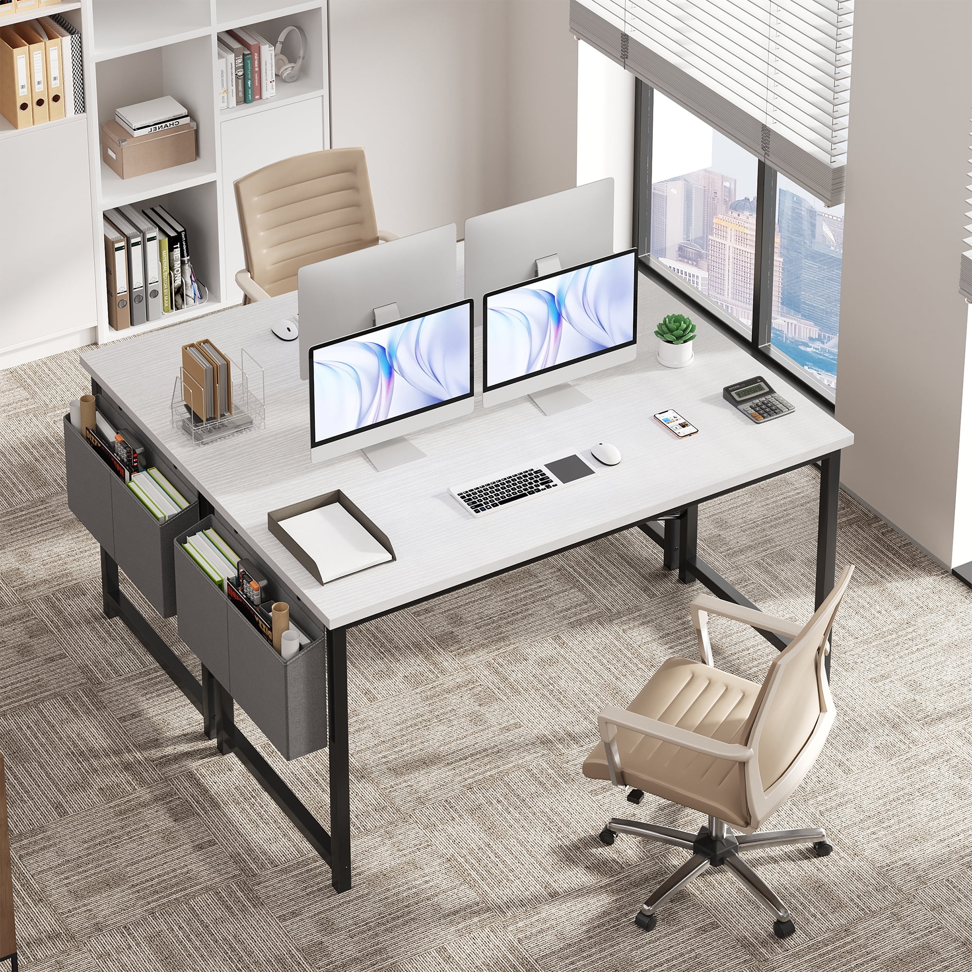 Gianna 55" Computer Desk with Metal Frame, Waterproof Surface and Storage Bag – Perfect for Office Use, White