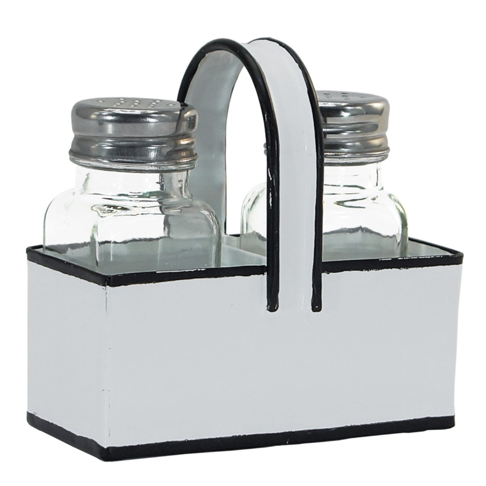 Salt and Pepper Shakers and Black Rim Enamel Caddy Set Farmhouse Style