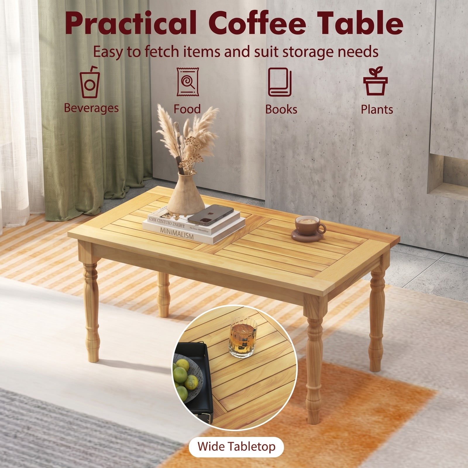 Furnibear 35.5 Inch Rectangle Teak Wood Patio Coffee Table with Slatted Top and Turned Legs for Living Room and Backyard, Natural